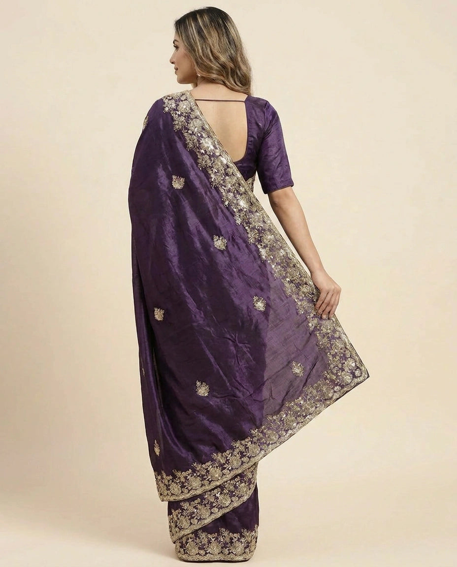 Woman wearing a purple saree with gold embroidery on a beige background