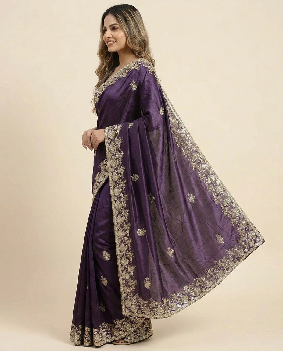 Woman wearing a purple saree with gold embroidery on a beige background