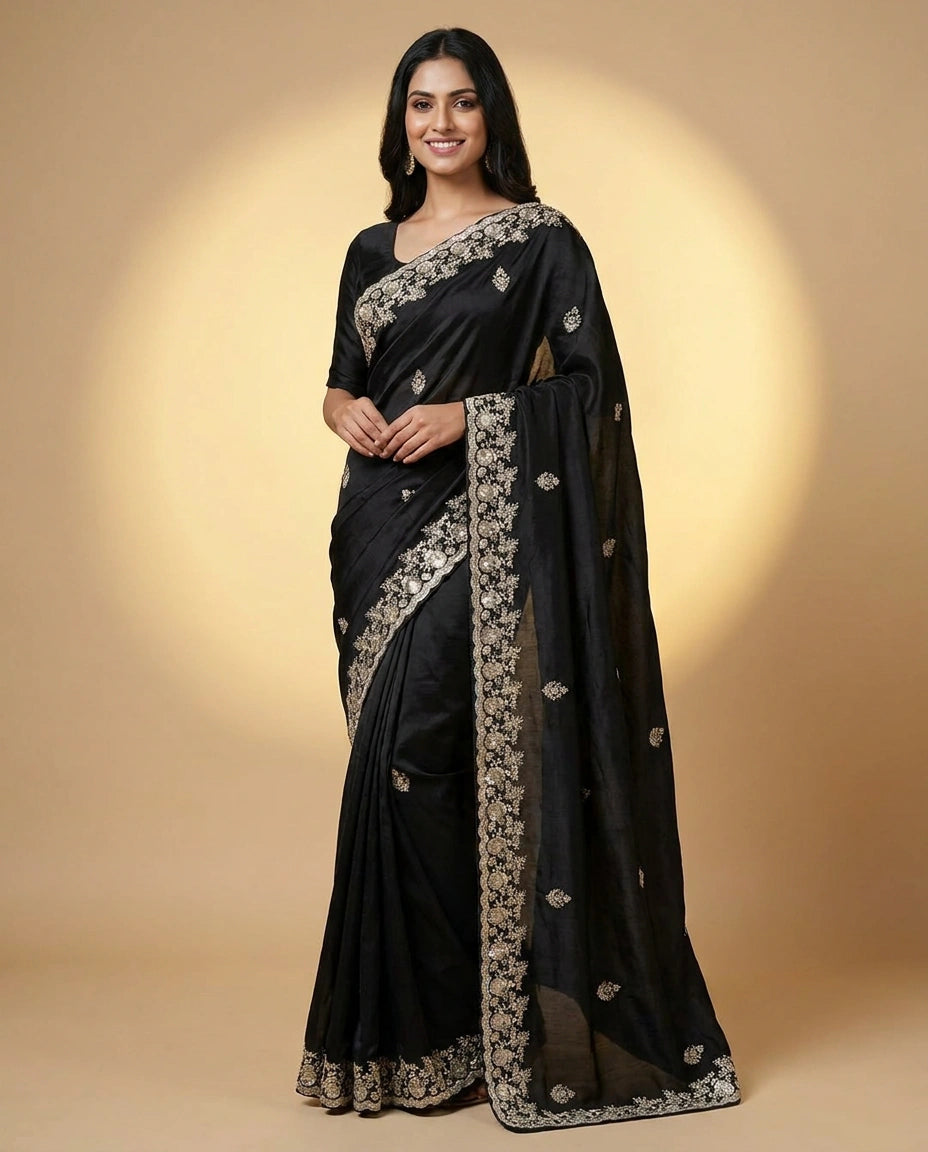 Woman wearing a black saree with silver embroidery on a beige background