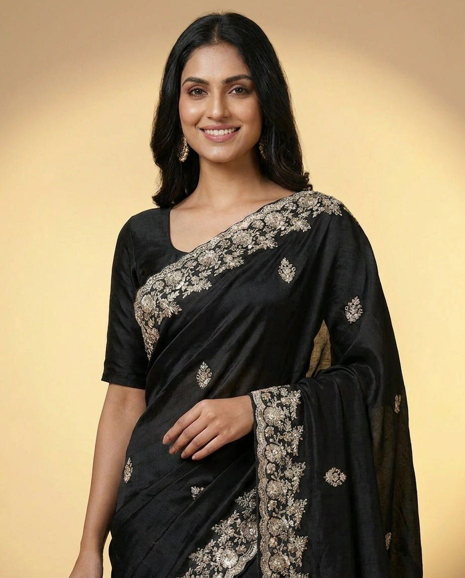 Woman wearing a black saree with gold embroidery on a beige background