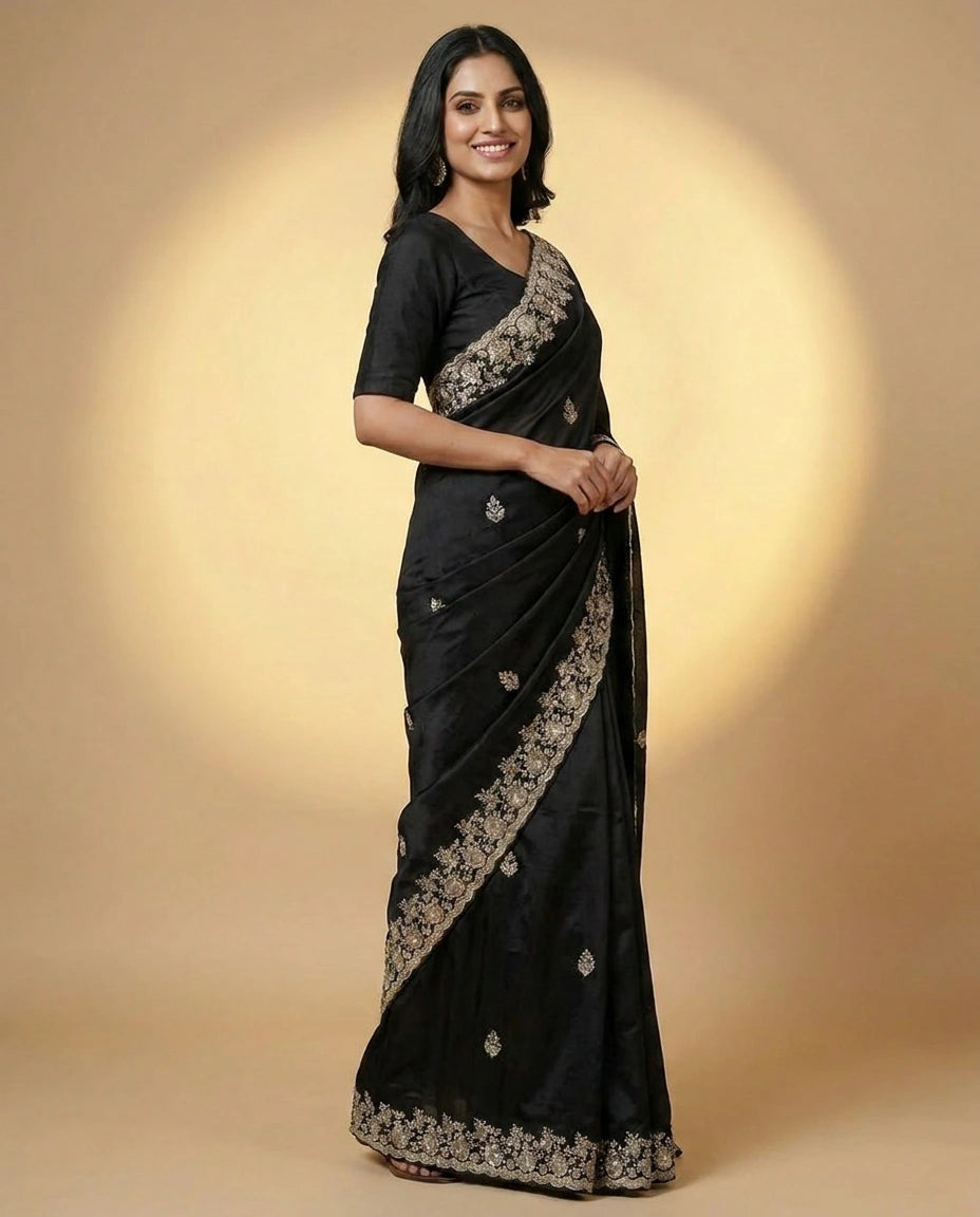 Woman wearing a black saree with floral patterns on a beige background