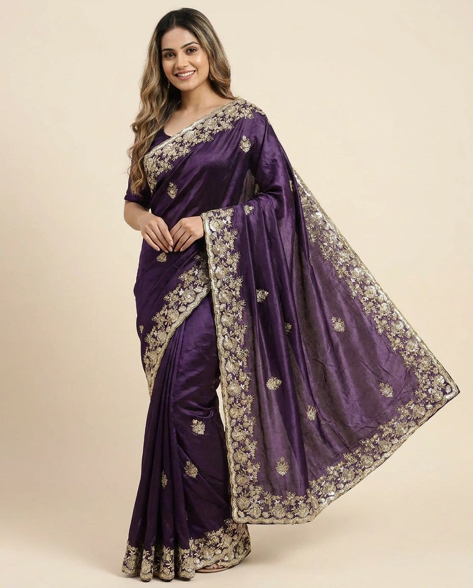 Woman wearing a purple saree with gold embroidery on a beige background