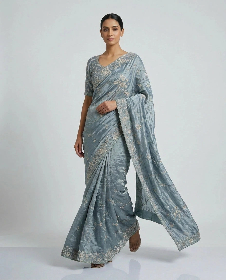 Tissue Designer Saree with Hand Embroidery view 4