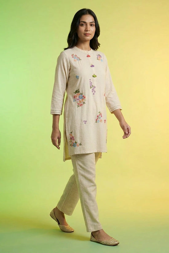 Beige Cotton Co-ord Set with Coordinated Print for Festive Wear