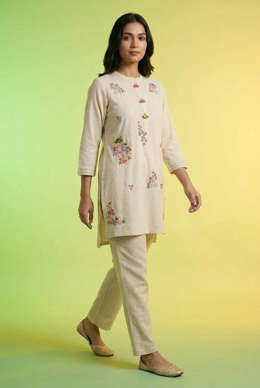 Beige Cotton Co-ord Set with Coordinated Print for Festive Wear