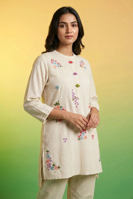 Beige Cotton Co-ord Set with Coordinated Print for Festive Wear