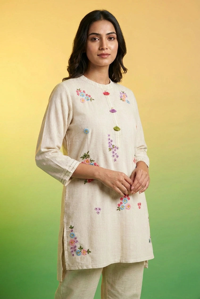 Beige Cotton Co-ord Set with Coordinated Print for Festive Wear