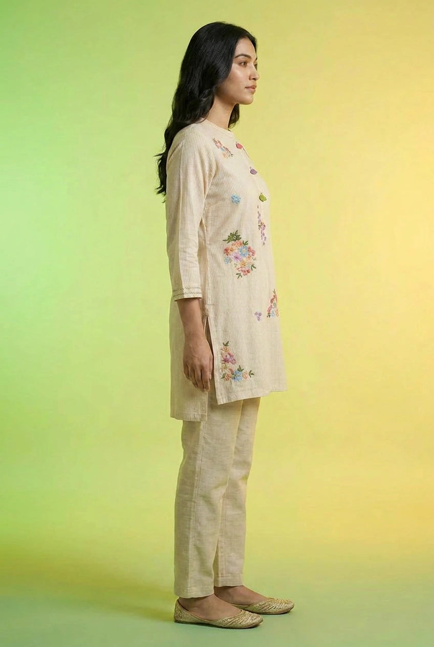 Beige Cotton Co-ord Set with Coordinated Print for Festive Wear