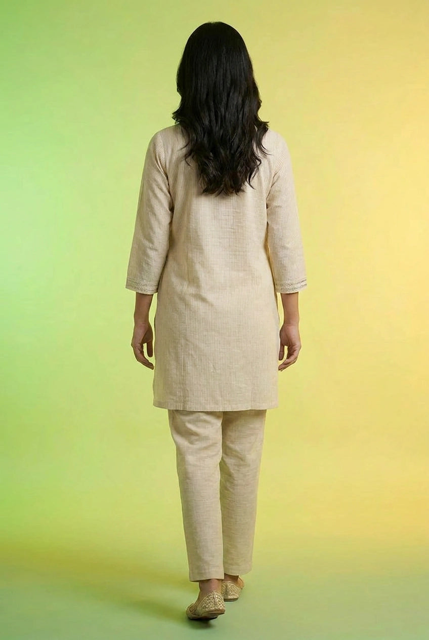 Beige Cotton Co-ord Set with Coordinated Print for Festive Wear