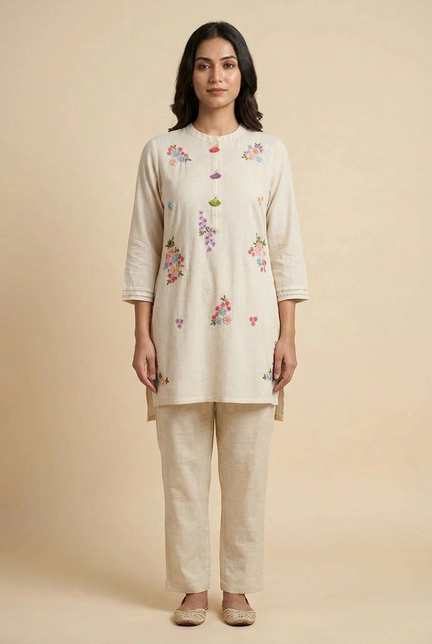 Beige Cotton Co-ord Set with Coordinated Print for Festive Wear
