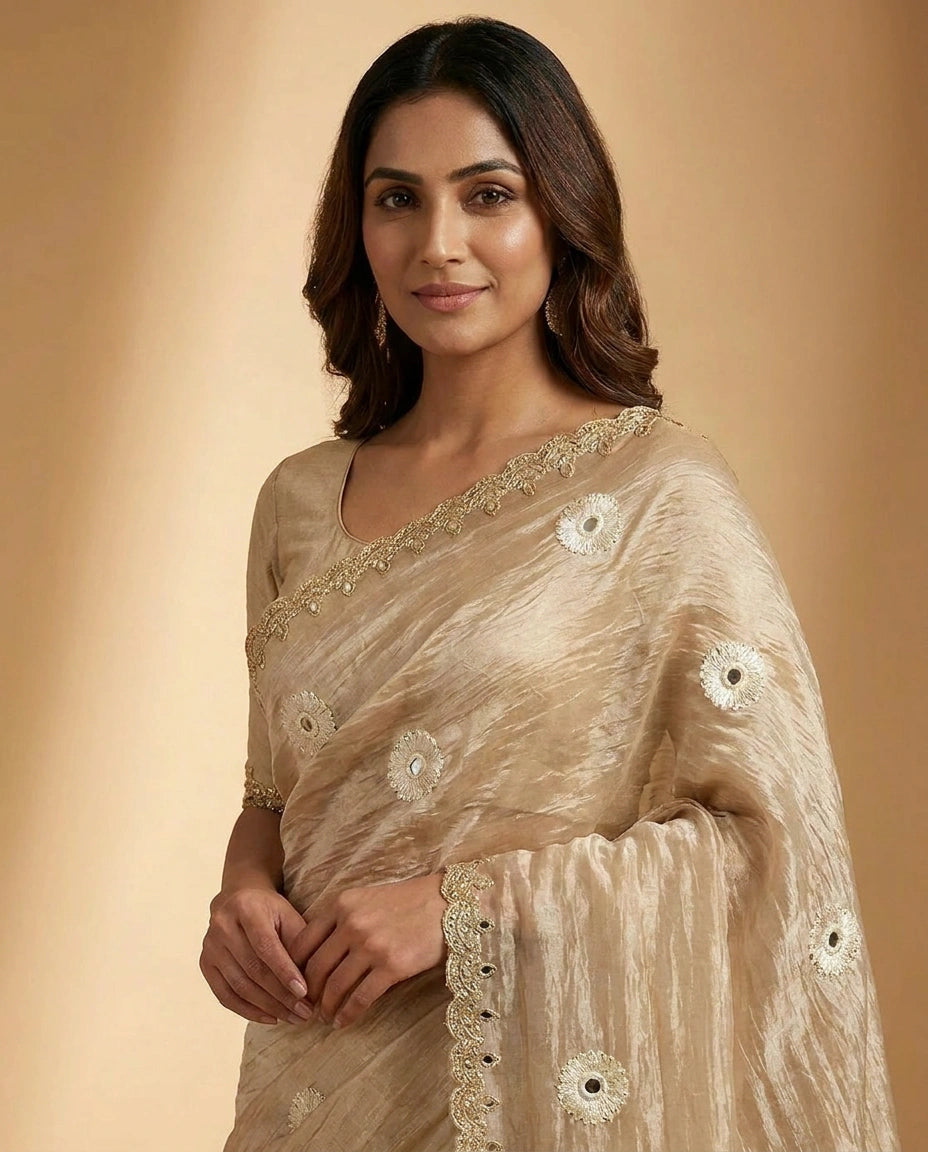Tissue Silk Saree with Mirror Embroidery and Zari Border view 2