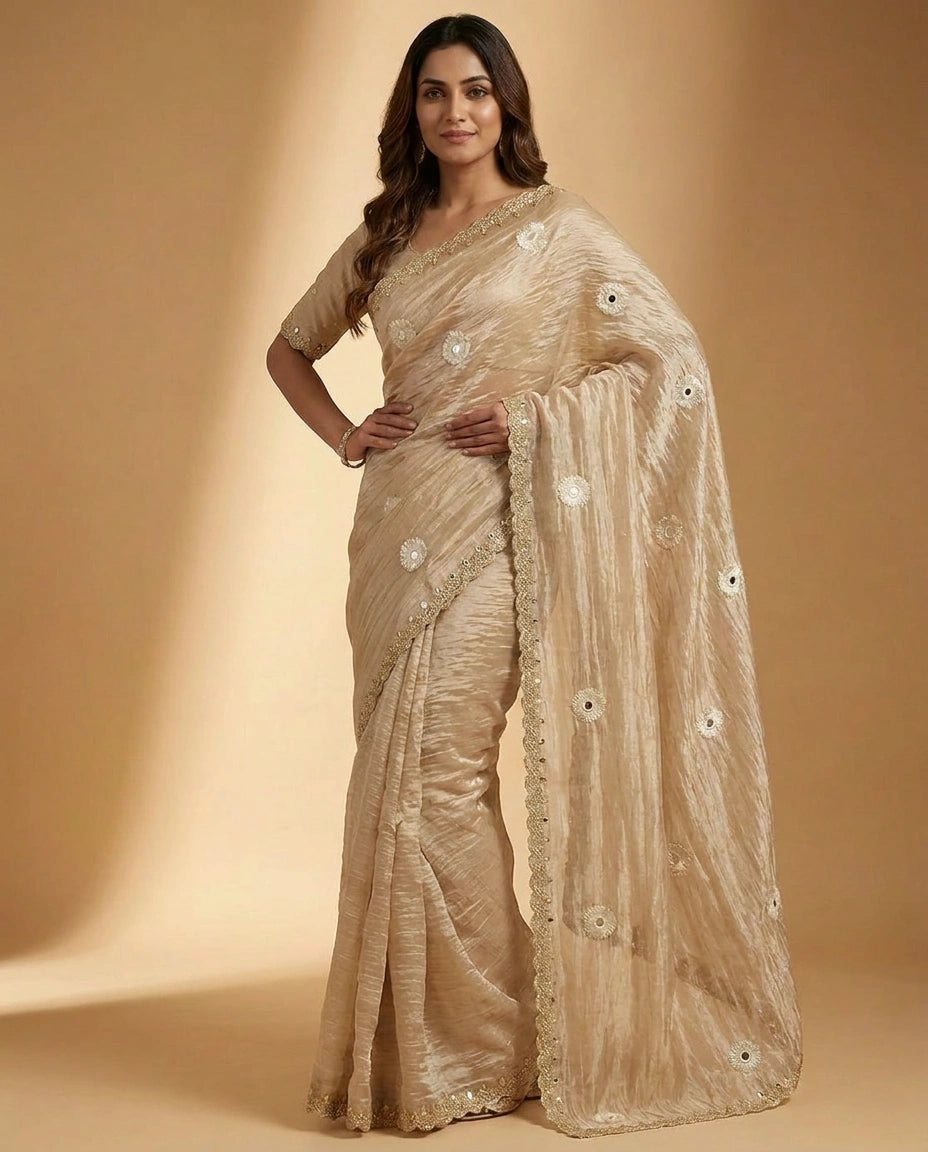 Tissue Silk Saree with Mirror Embroidery and Zari Border view 3