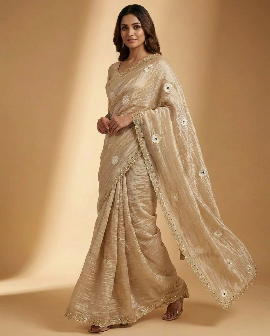 Tissue Silk Saree with Mirror Embroidery and Zari Border view 4