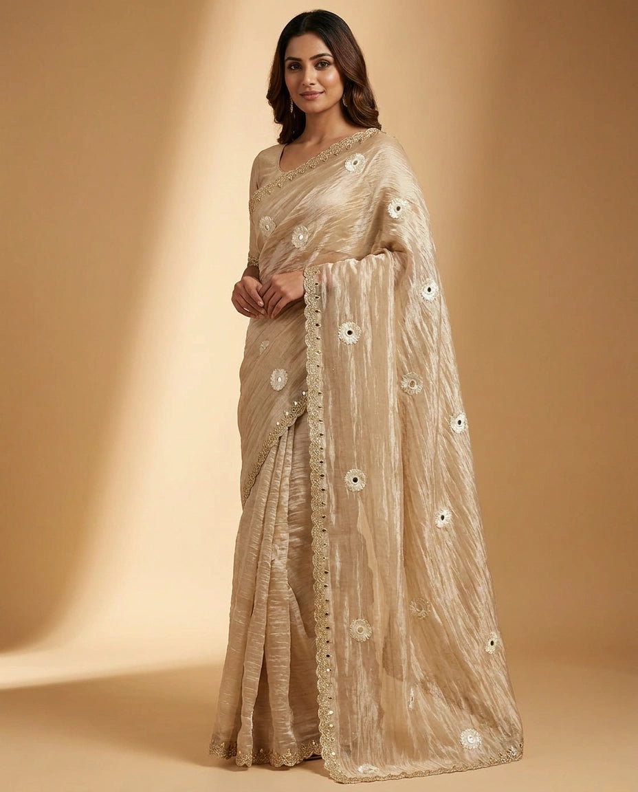 Chiku Tissue Silk Saree with Mirror Embroidery and Zari Border