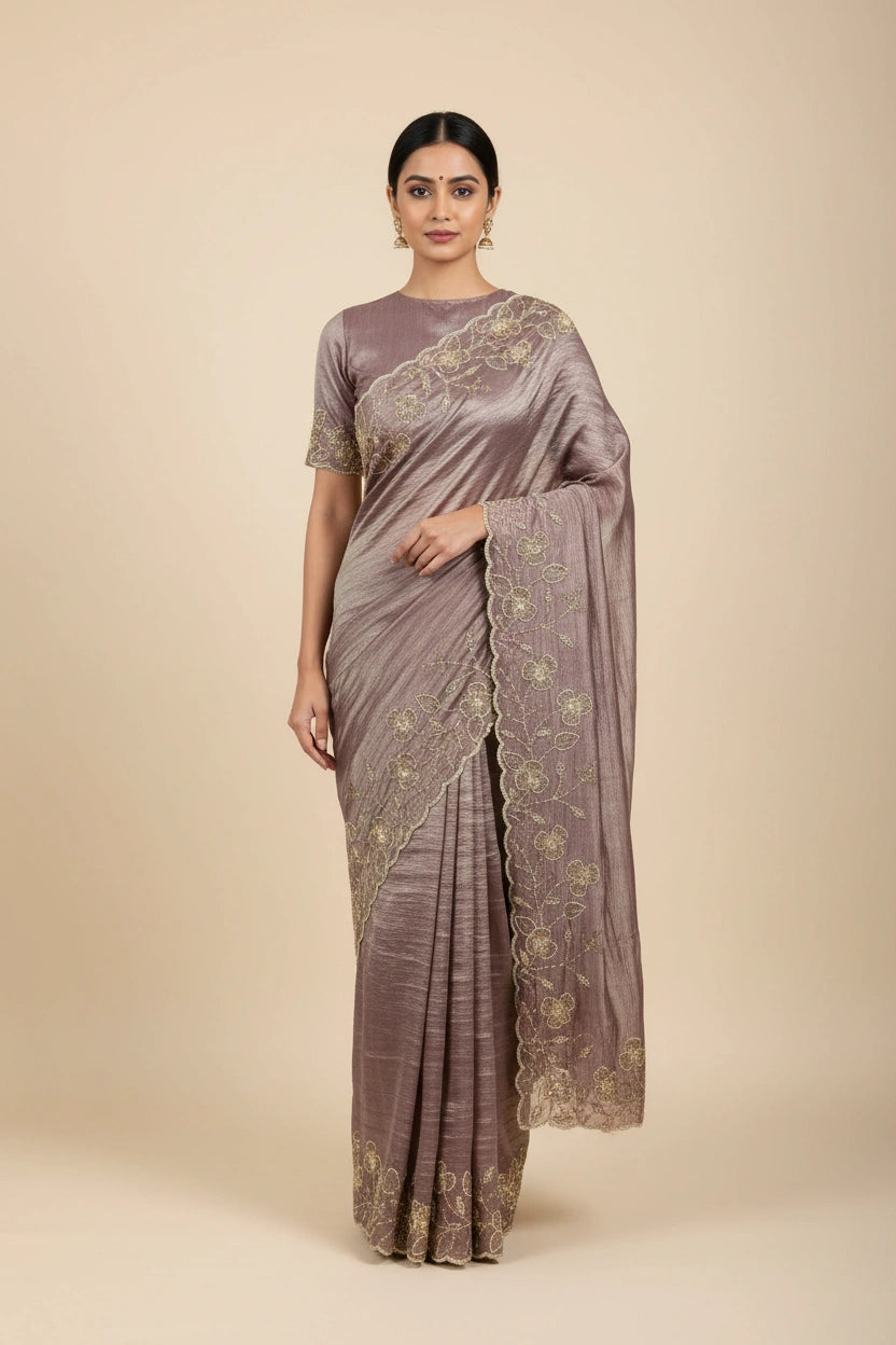 Artisan Tissue Saree Embroidered Saree - Chiku | Rangoli