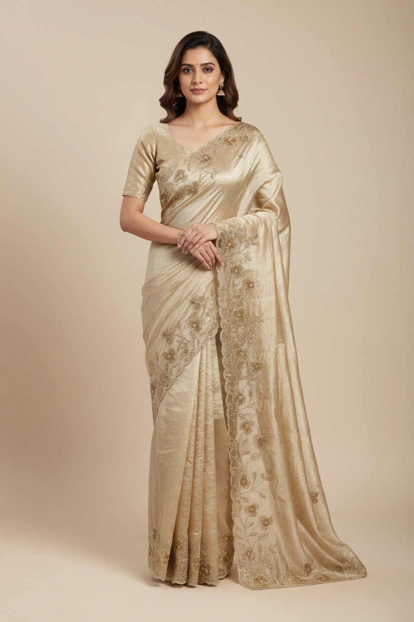 Artisan Tissue Saree Embroidered Saree - Beige | Rangoli