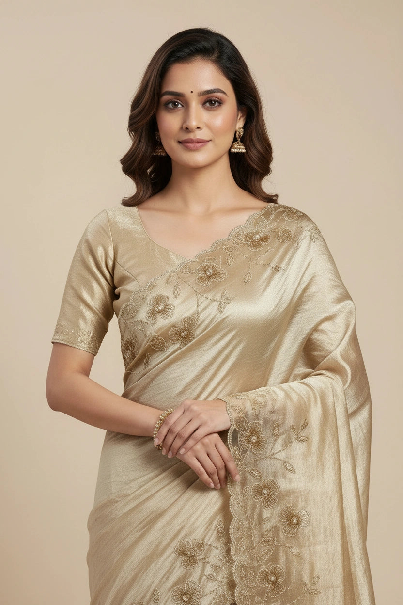 Embroidered Tissue Saree with Sacred Festive Motif Work - View 6 | Rangoli