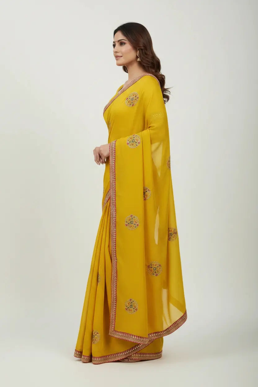 Woman wearing a yellow saree with intricate designs on a white background