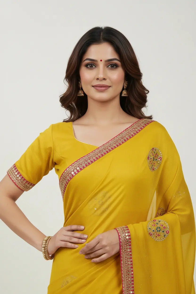 Woman wearing a yellow saree with intricate designs on a plain background