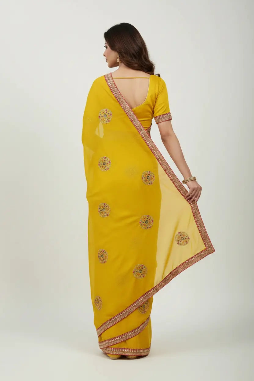 Woman wearing a yellow saree with a brown border on a white background
