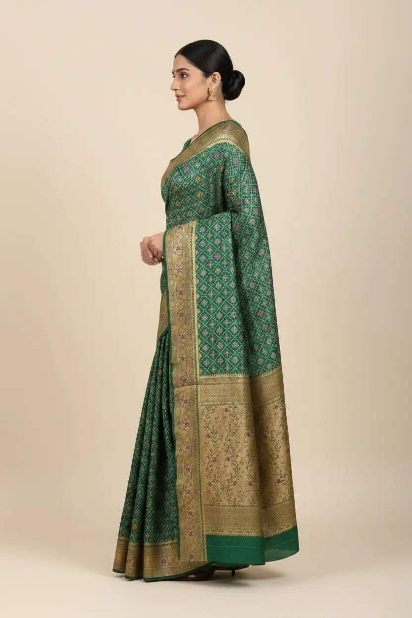Woman wearing a green and gold traditional outfit on a beige background