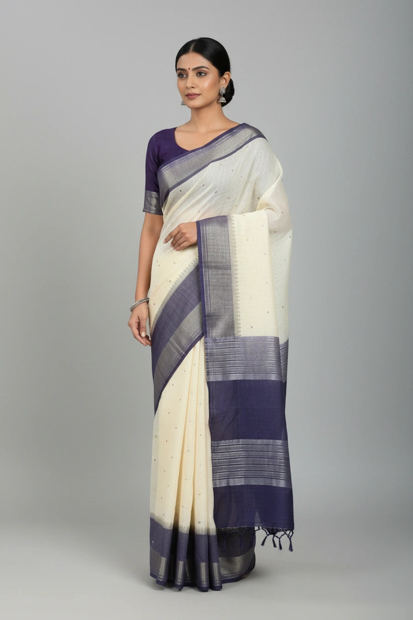 Banarasi Cotton Saree with Heritage Zari Contrast Border | Rangoli