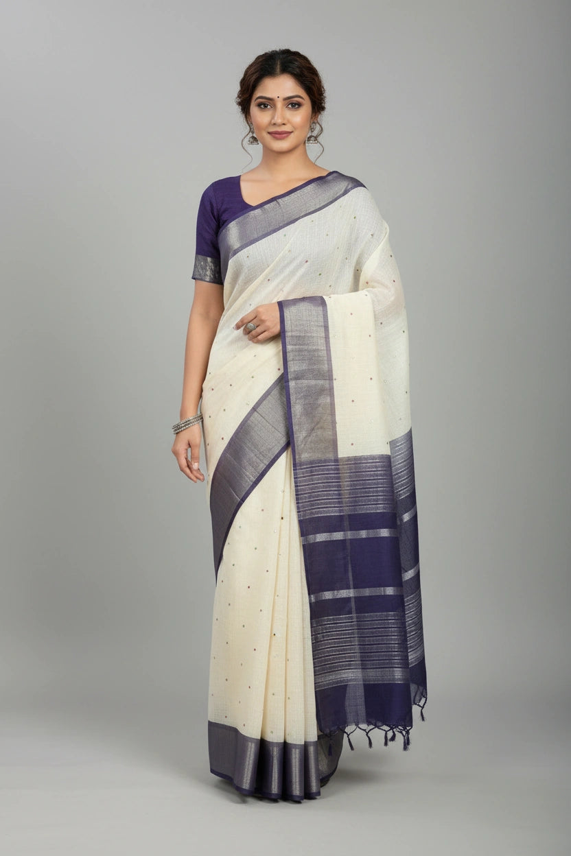 Banarasi Cotton Saree with Heritage Zari Contrast Border - View 2 | Rangoli