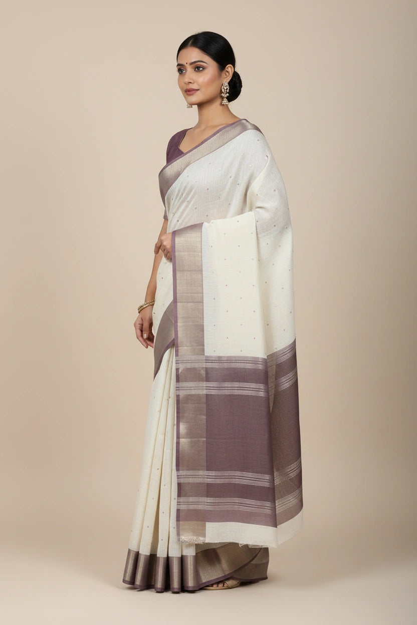 Handcrafted Pure Cotton Banarasi Silk Saree - Off White/Rust | Rangoli