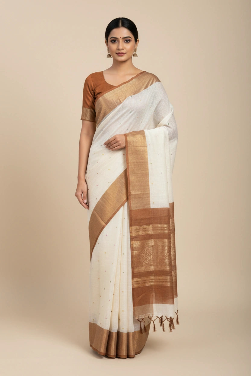 Banarasi Cotton Saree with Heritage Zari Contrast Border - View 7 | Rangoli