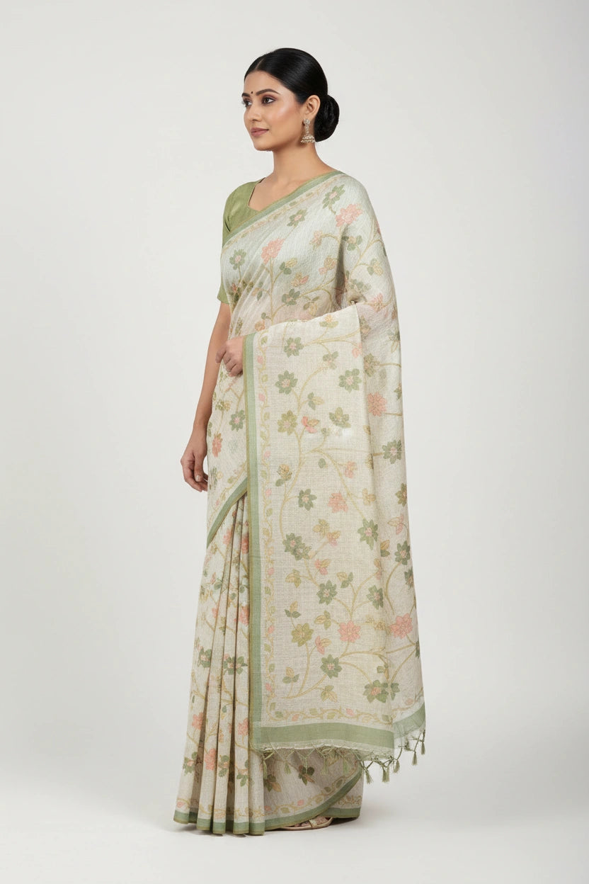 Handcrafted Linen Tissue Embroidered Saree - Off White/Chiku | Rangoli