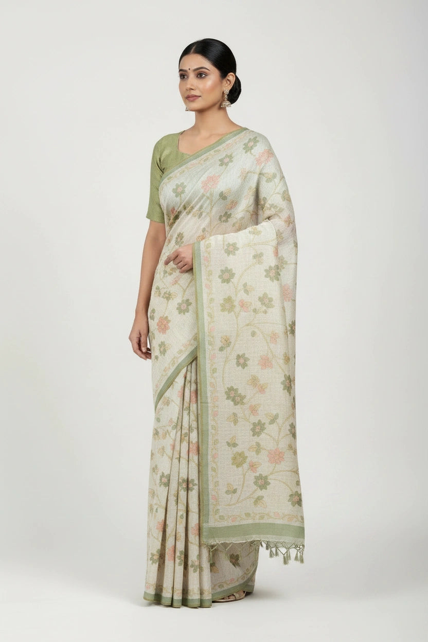Handcrafted Linen Tissue Embroidered Saree - Off White/Green | Rangoli
