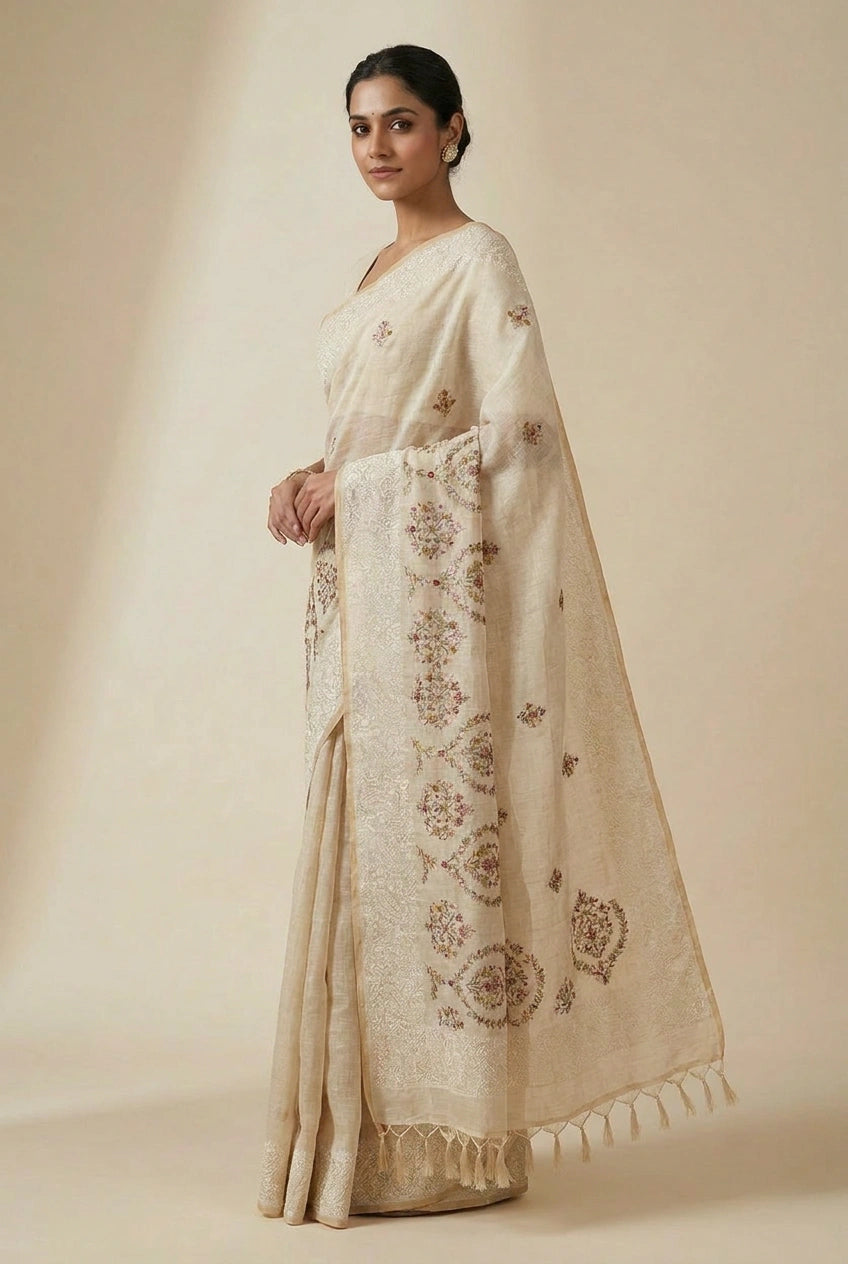 Woman wearing a beige saree with floral patterns on a plain background
