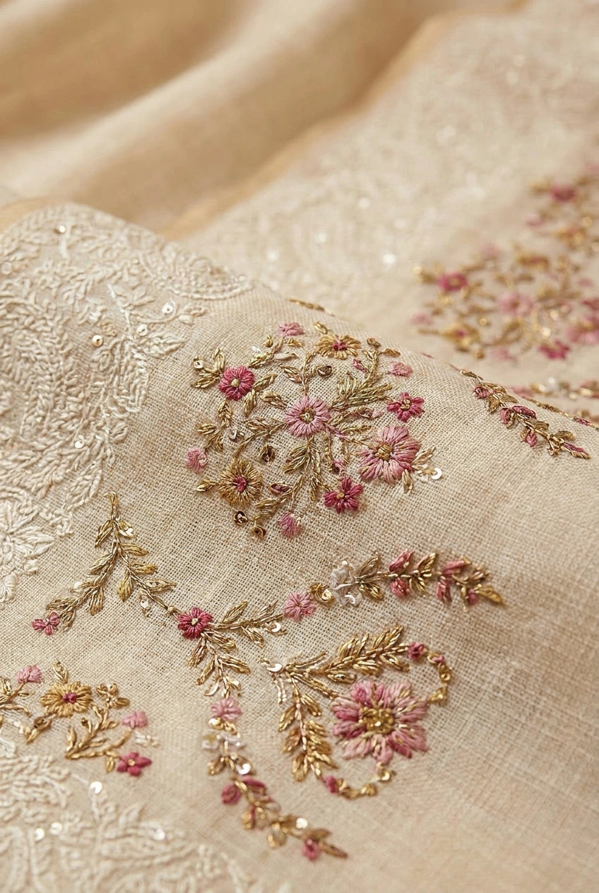 Close-up of embroidered floral design on a fabric surface