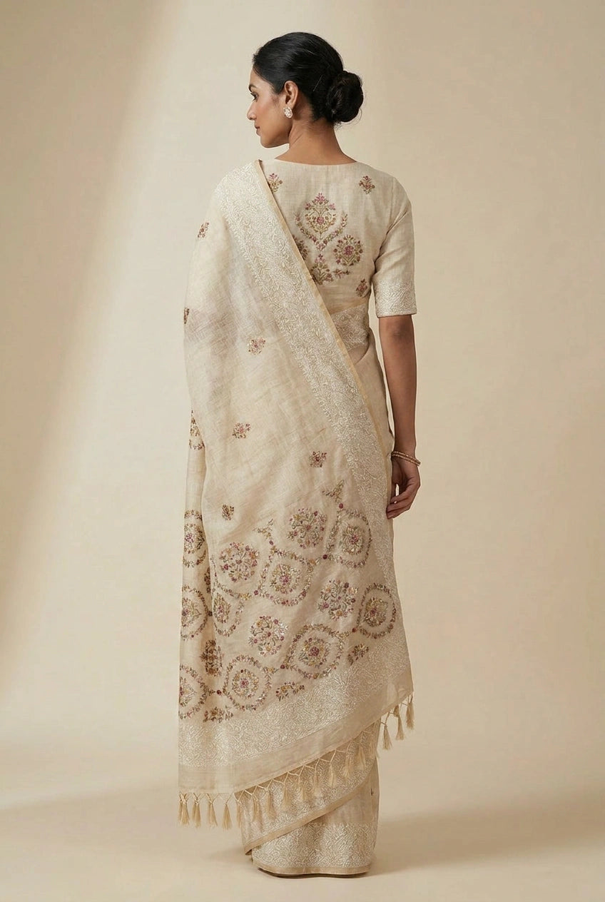 Woman wearing a beige saree with floral patterns against a beige background