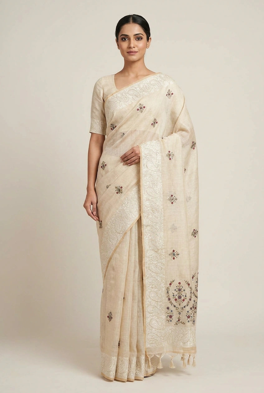 Woman wearing a cream saree with floral patterns on a plain background