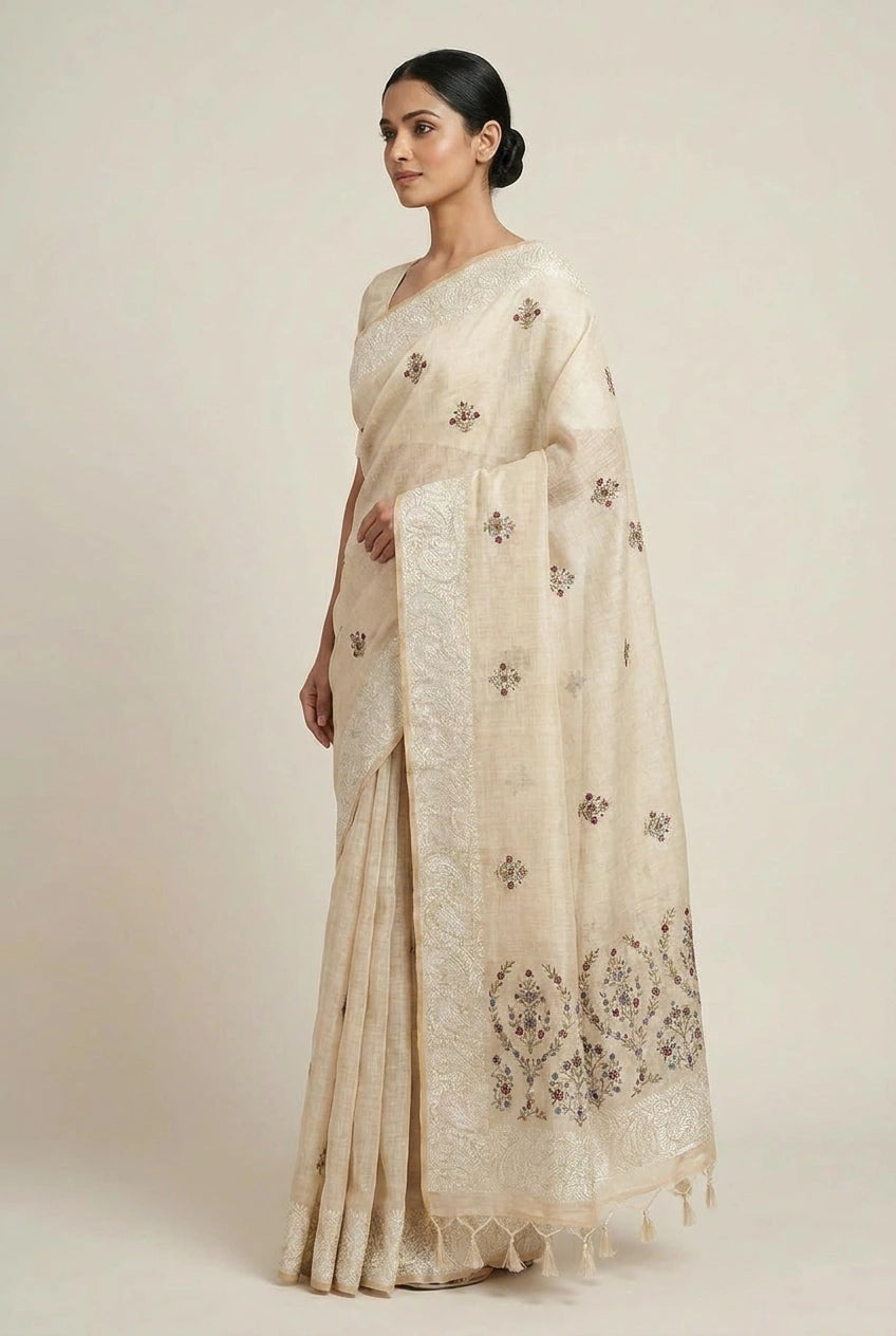 Woman wearing a beige saree with intricate patterns on a plain background