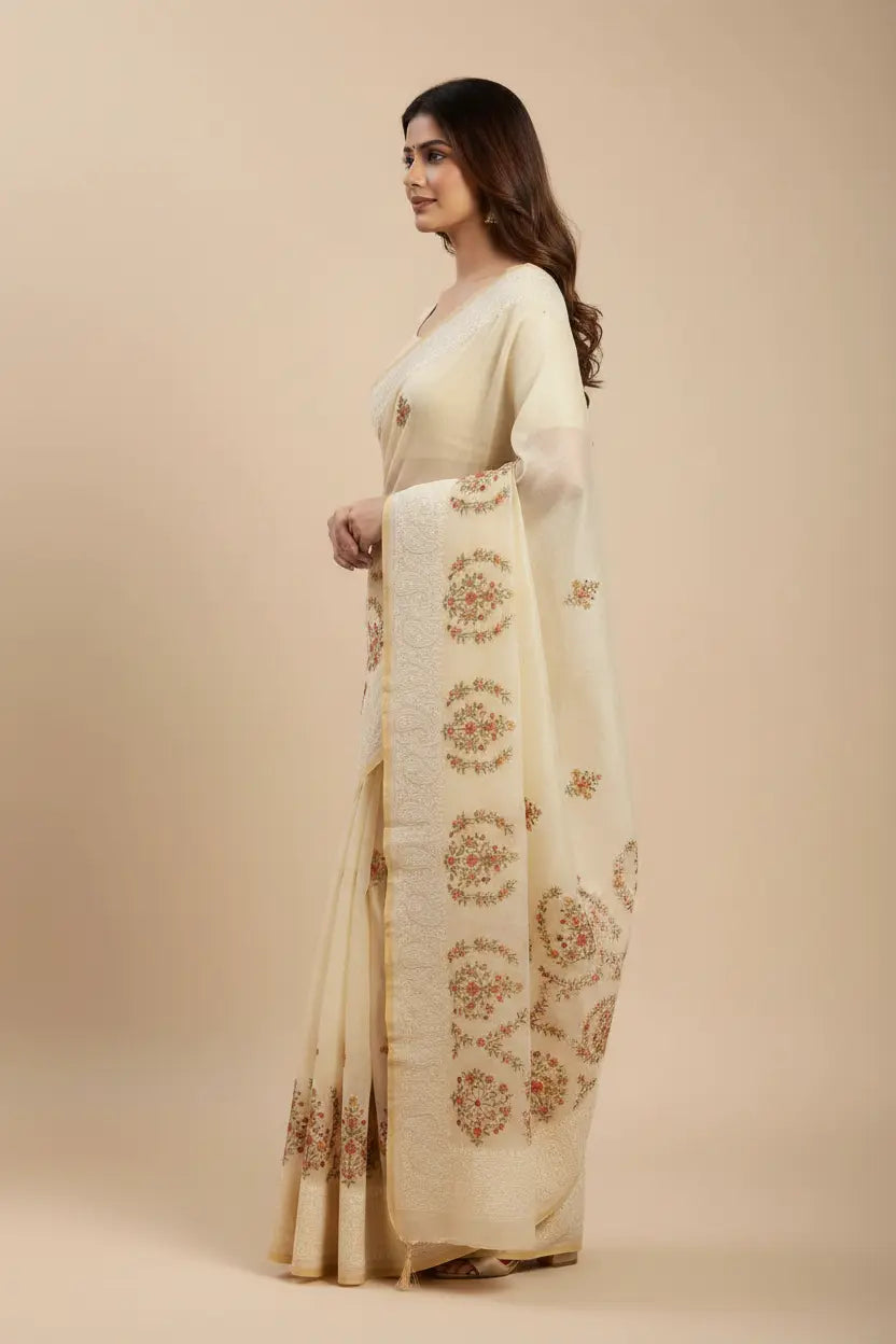Woman wearing a cream saree with floral patterns on a beige background