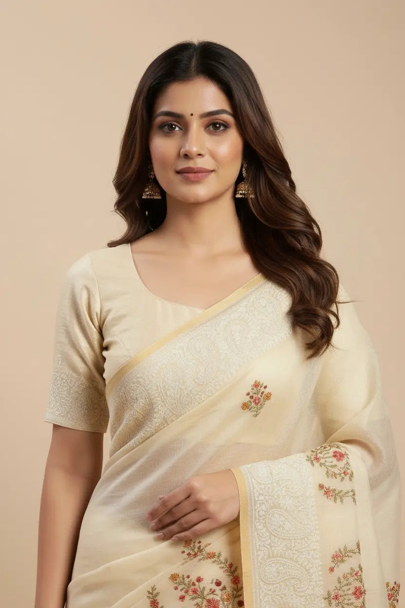Woman wearing a cream saree with floral patterns on a beige background