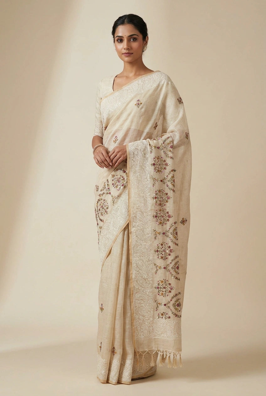 Woman wearing a cream saree with intricate patterns on a beige background