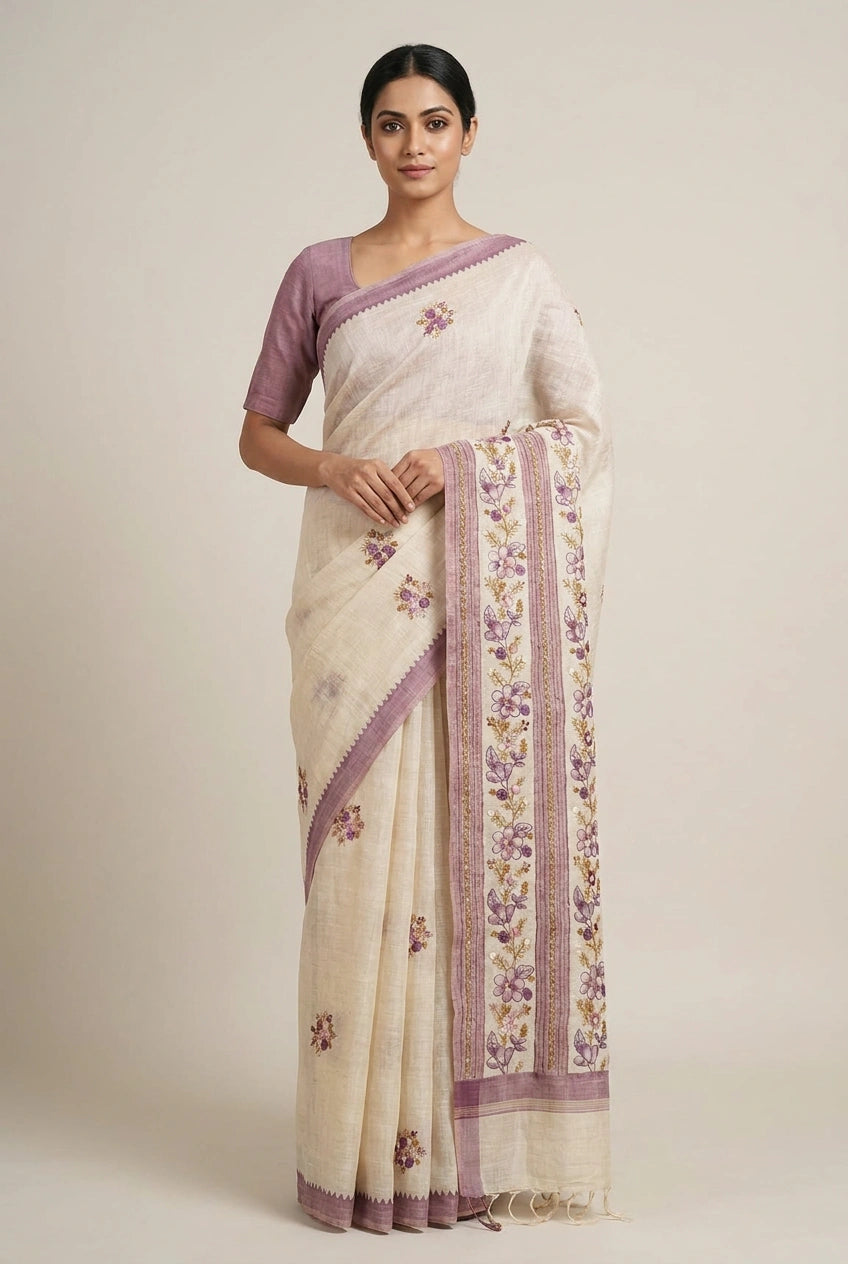 Cotton Linen Embroidered Saree for Festive Evening