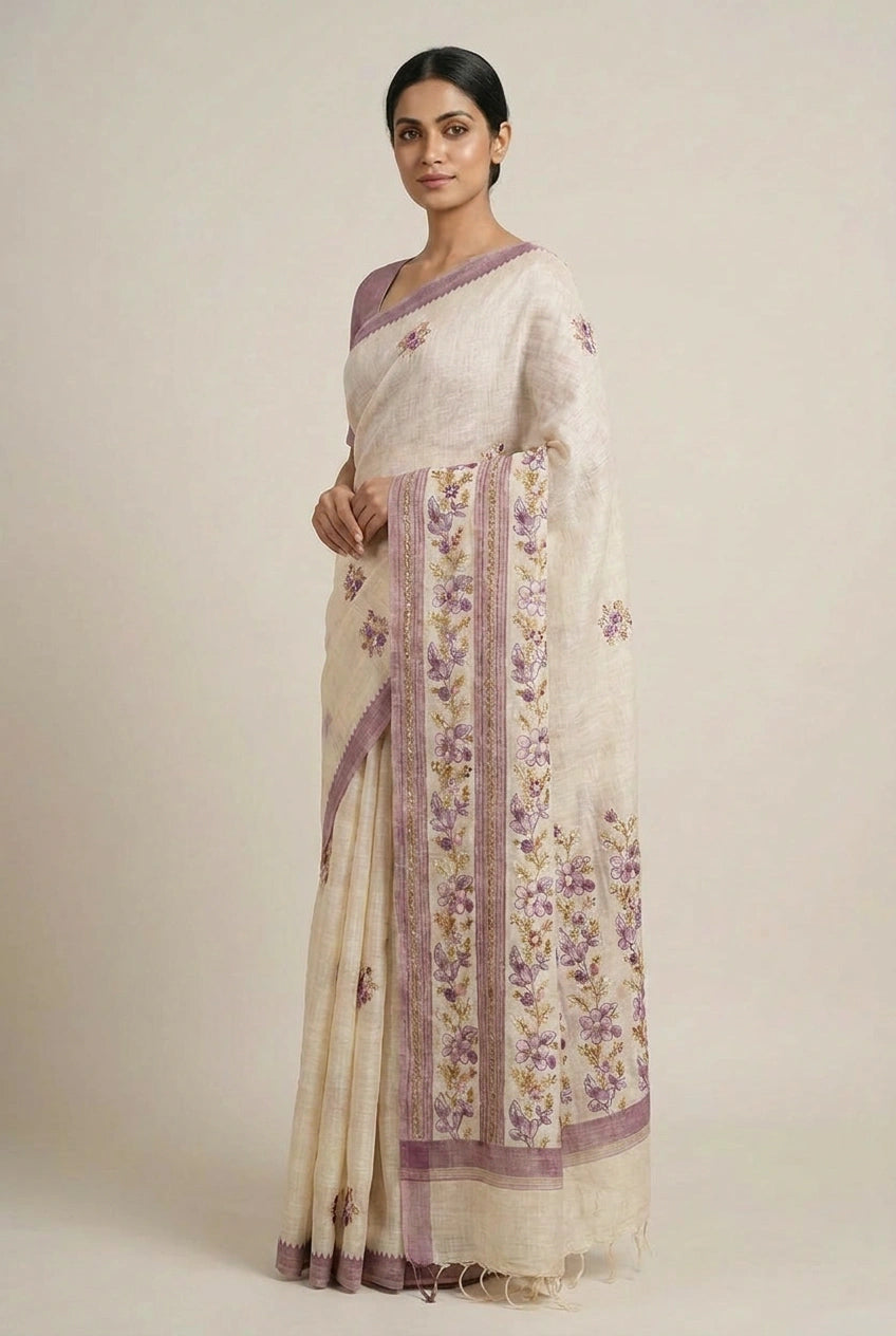 Cotton Linen Embroidered Saree for Festive Evening