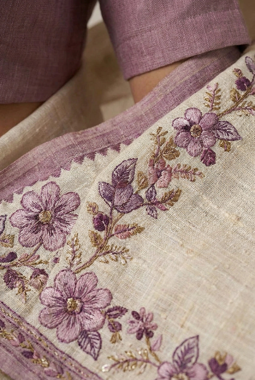 Cotton Linen Embroidered Saree for Festive Evening