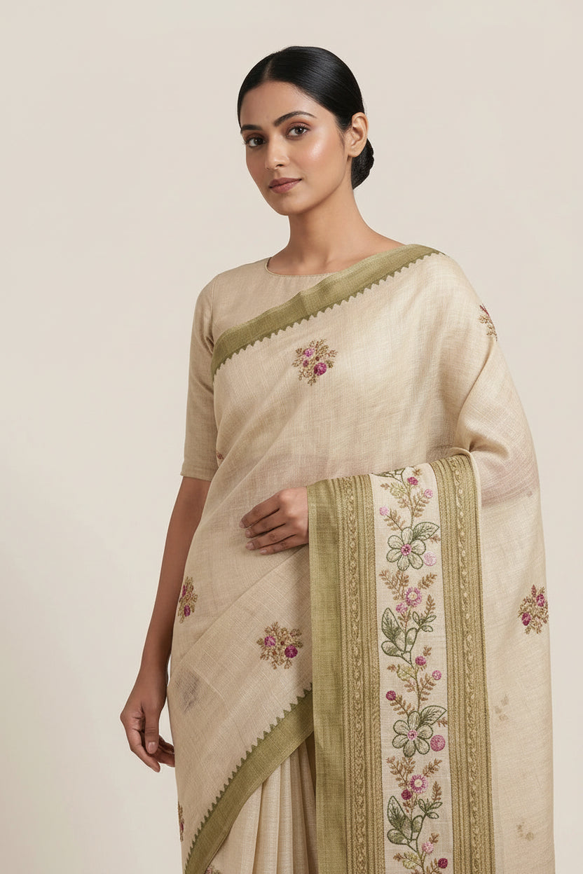 Cotton Linen Embroidered Saree for Festive Evening