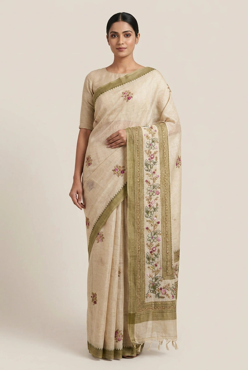 Cotton Linen Embroidered Saree for Festive Evening