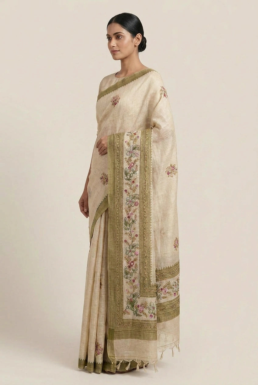 Cotton Linen Embroidered Saree for Festive Evening
