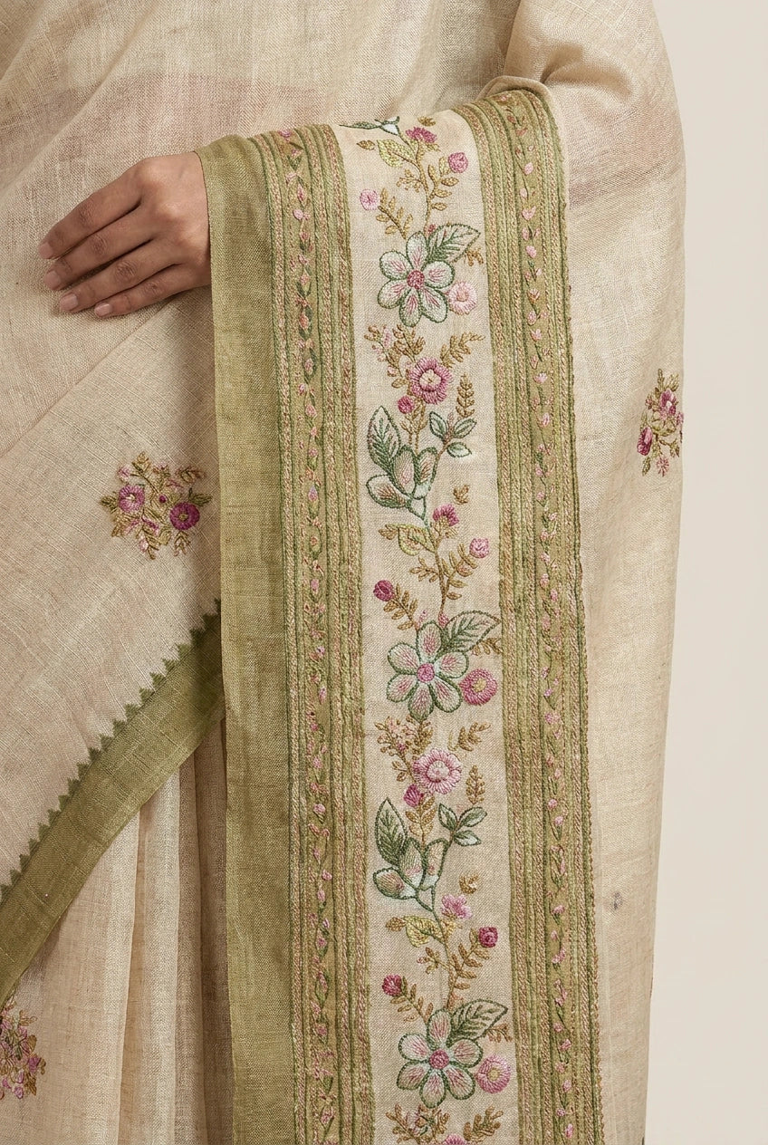 Cotton Linen Embroidered Saree for Festive Evening