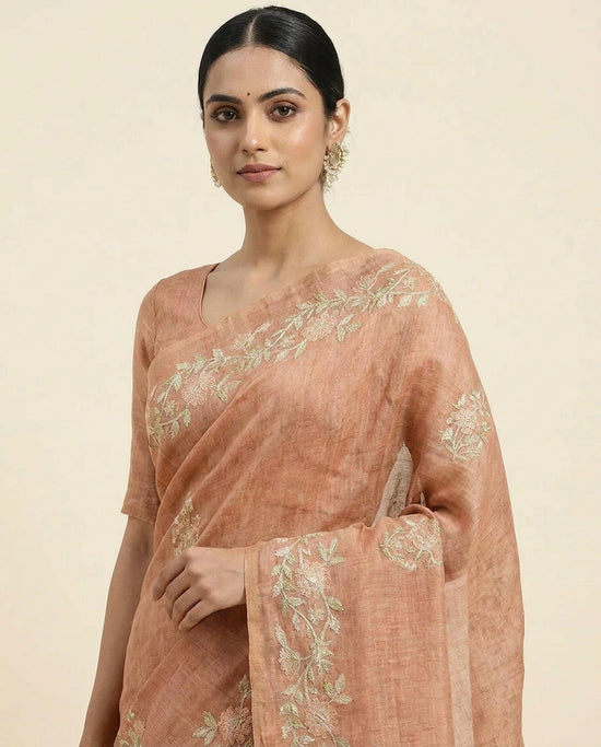 Linen Tissue Saree with Floral Embroidery on Contrast Pallu view 2