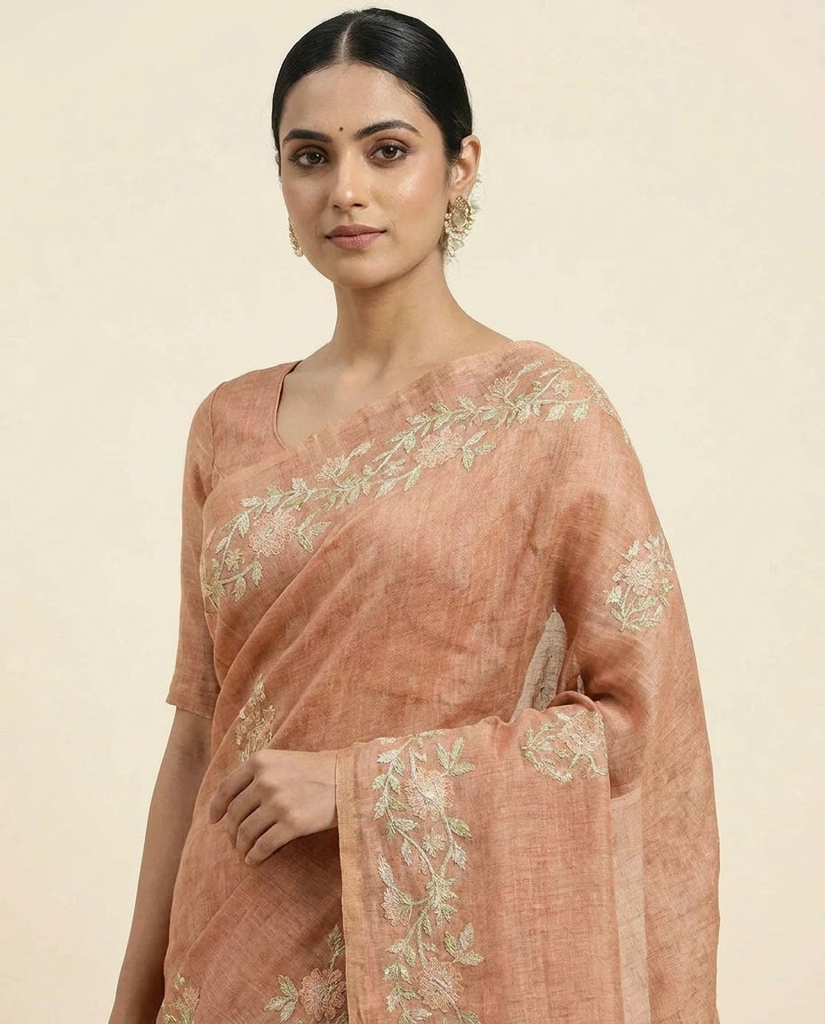 Linen Tissue Saree with Floral Embroidery on Contrast Pallu view 2