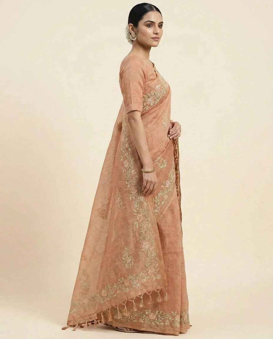 Linen Tissue Saree with Floral Embroidery on Contrast Pallu view 3