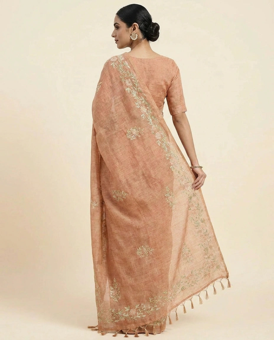 Linen Tissue Saree with Floral Embroidery on Contrast Pallu view 4
